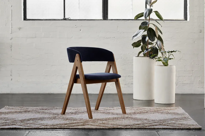 Gaudi 7PCE Hardwood Dining Set | Rustic Walnut | Navy Fabric