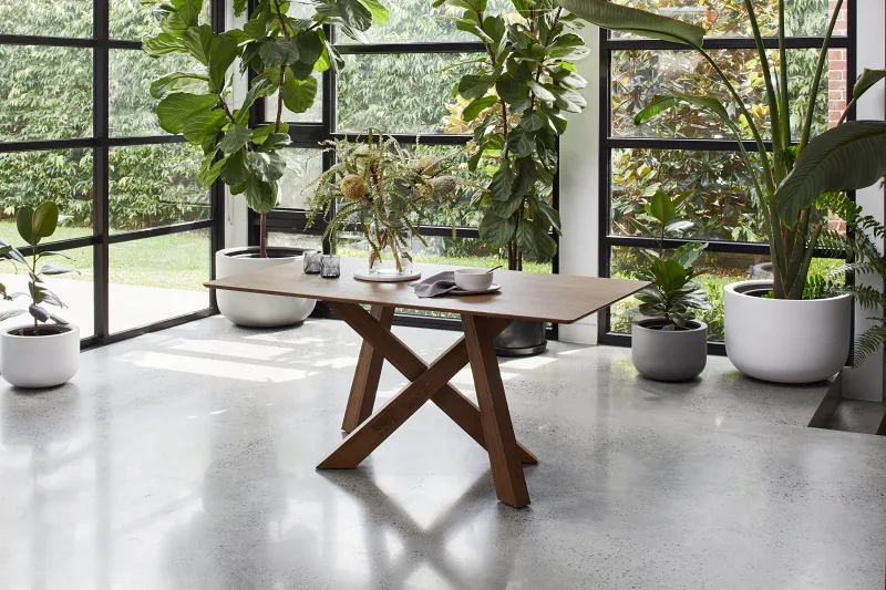 Gaudi 7PCE Hardwood Dining Set | Rustic Walnut | Navy Fabric