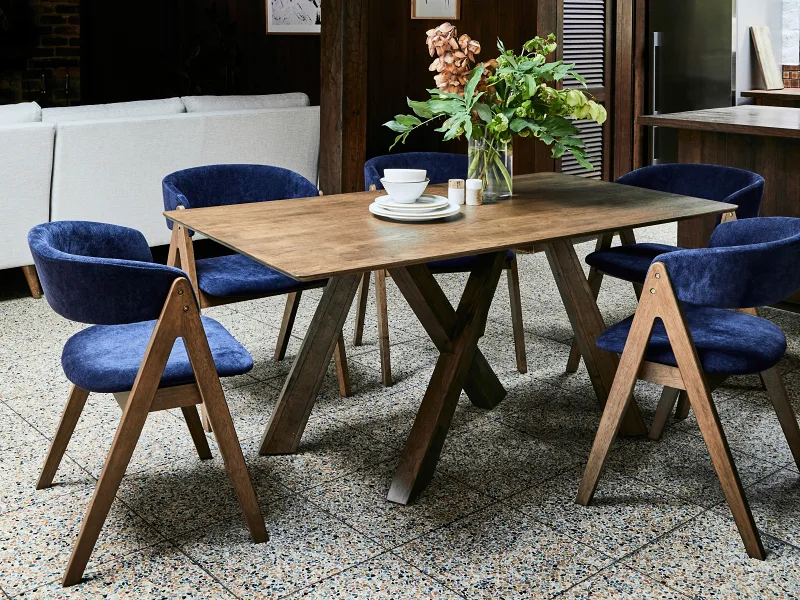 Gaudi 7PCE Hardwood Dining Set | Rustic Walnut | Navy Fabric