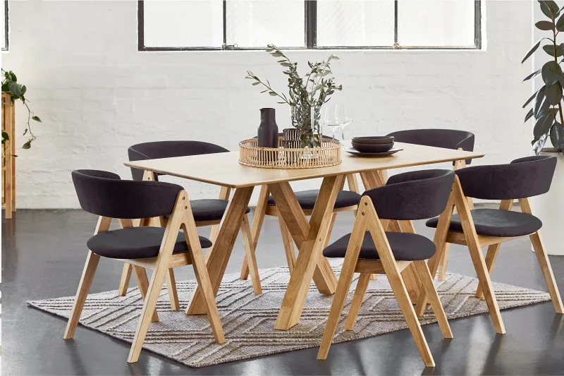 Gaudi 7PCE Natural Hardwood Dining Set | Black Fabric