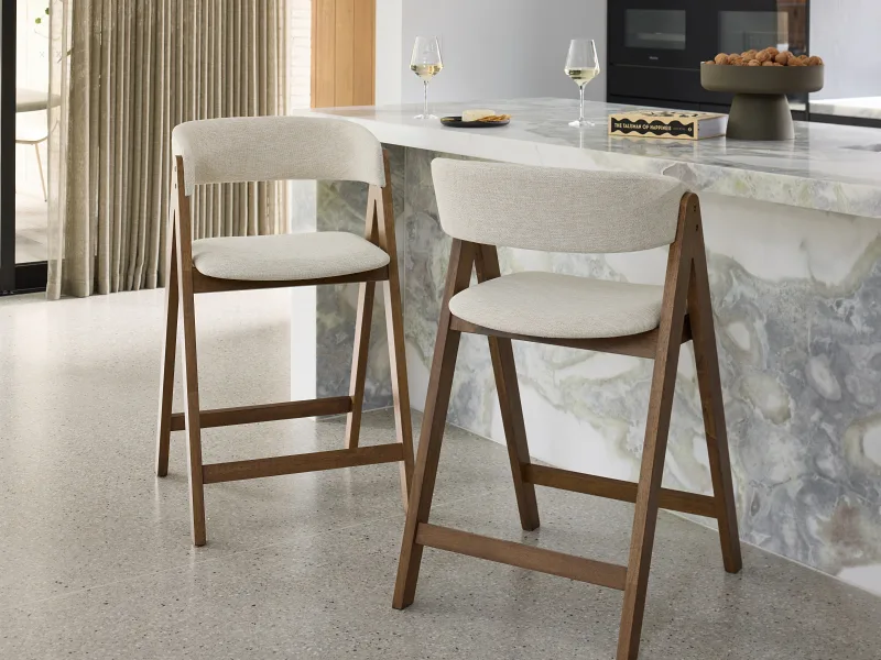 Gaudi Hardwood Counter Bar Stool | Rustic Walnut | Beige Fabric