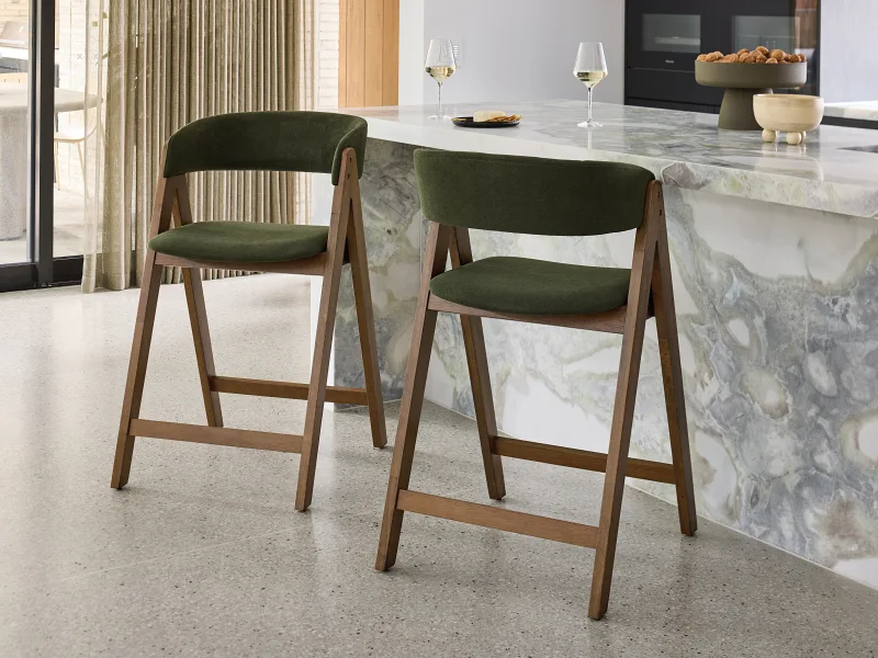 Gaudi Hardwood Counter Bar Stool | Rustic Walnut | Green Fabric