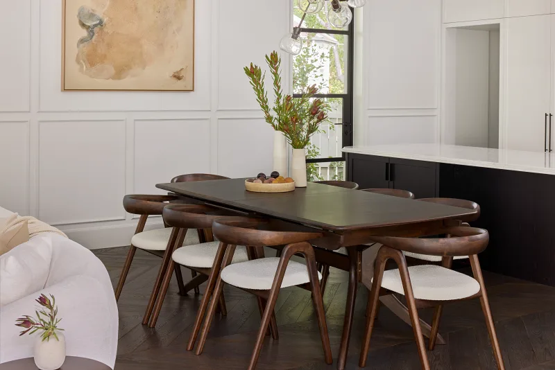 Manor 9PCE Extendable Dining Set | Arabica Walnut | Boucle Fabric