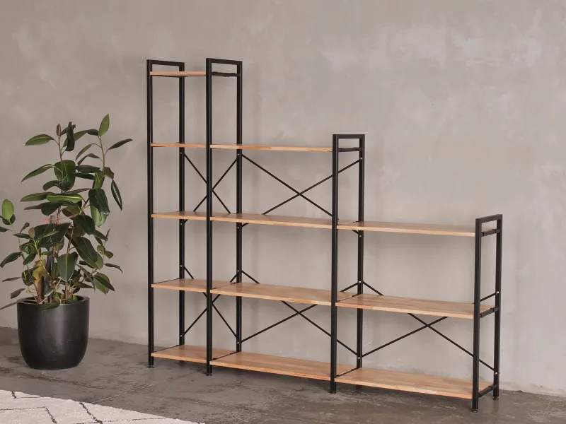 Axel 3PCE Modular Shelving Unit | Black Steel & Natural Hardwood | Step (2100mm)