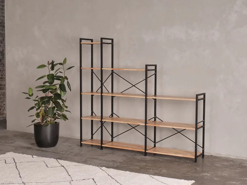 Axel 3PCE Modular Shelving Unit | Black Steel & Natural Hardwood | Step (2100mm)
