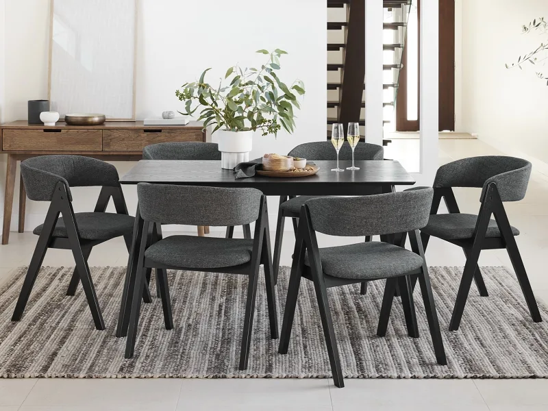 Cannes 7PCE Hardwood Black Dining Set | Charcoal Fabric