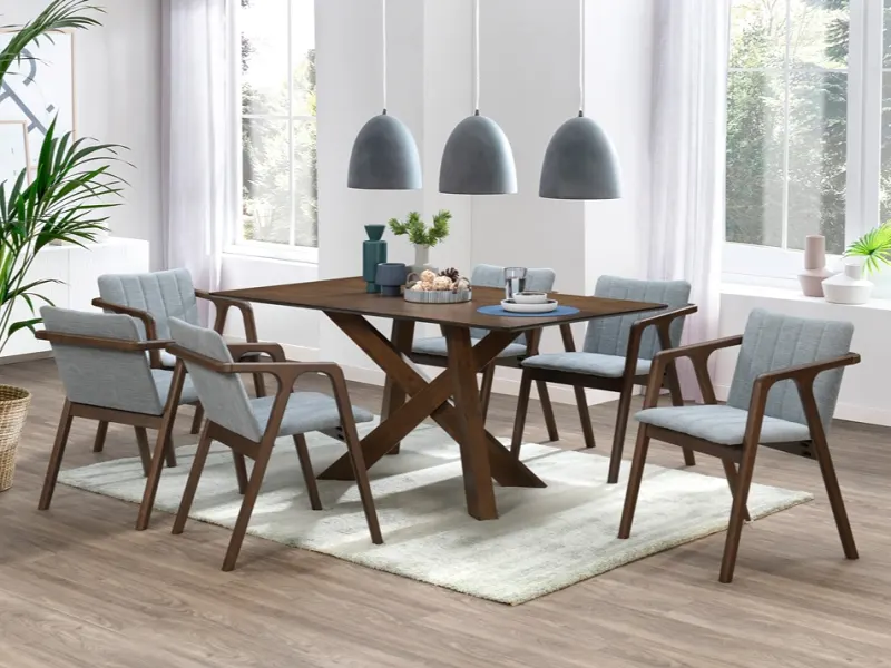 Cruz 7PCE Hardwood Dining Set | Rustic Walnut | Grey Fabric