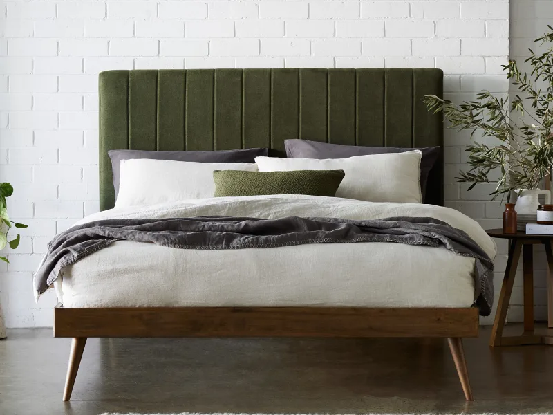 Franki 2PCE King Headboard and Bed Base Bundle | Rustic Walnut & Green Fabric