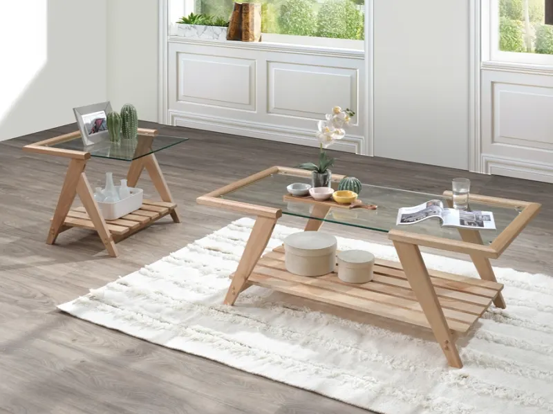 Myer Glass Top Side Table | Natural Hardwood Frame