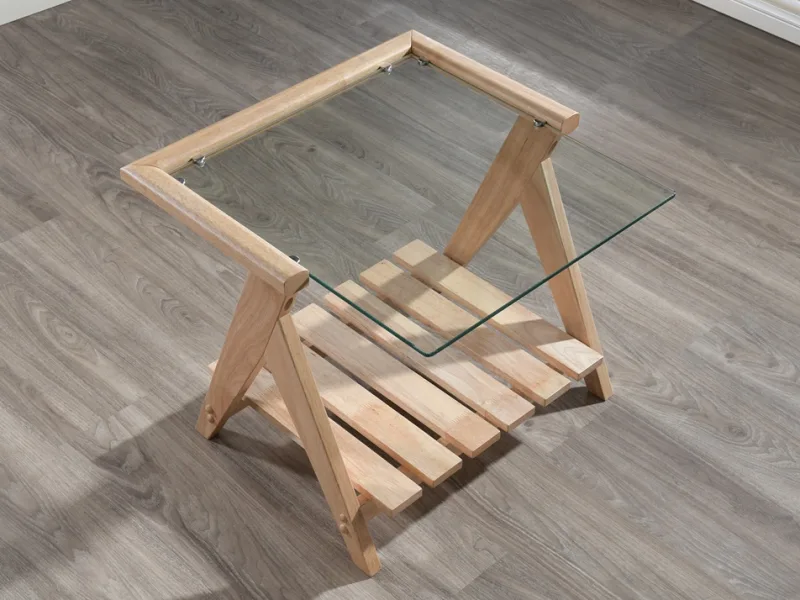 Myer Glass Top Side Table | Natural Hardwood Frame