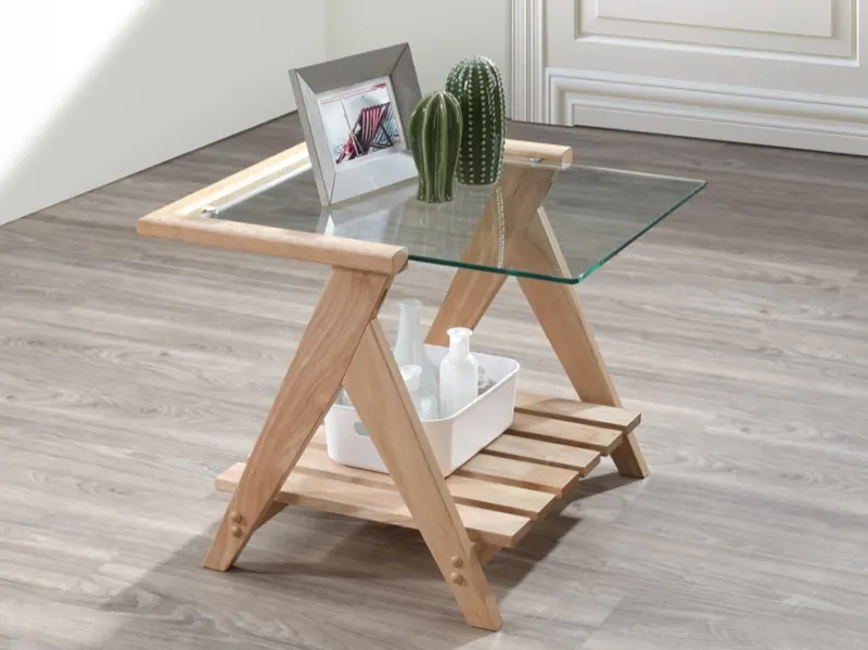 Myer Glass Top Side Table | Natural Hardwood Frame