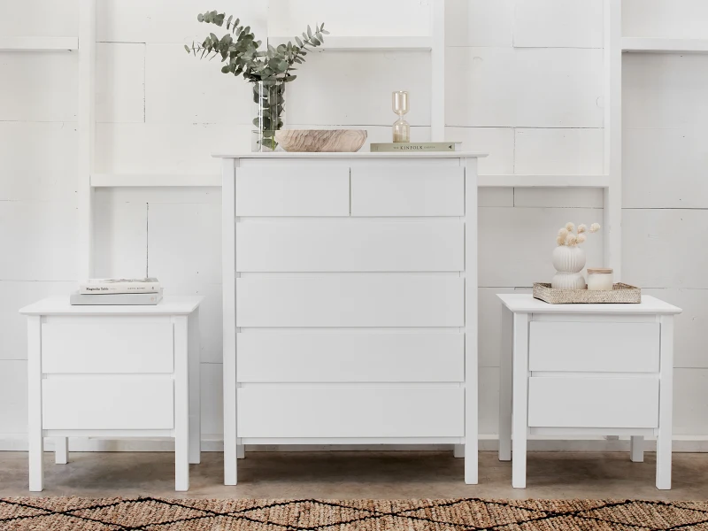 Myer 3PCE White Hardwood Tallboy & Bedside Table Set