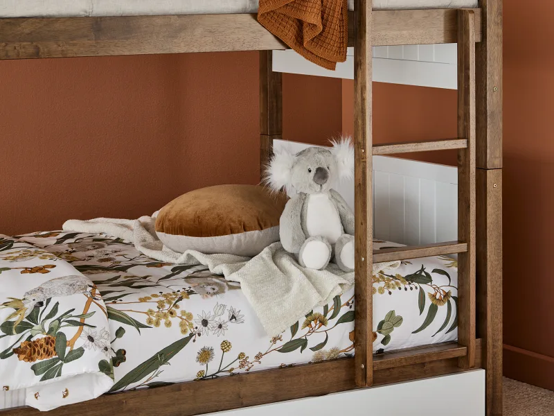 Myer King Single Bunk Bed with Storage | Rustic Walnut Hardwood Frame