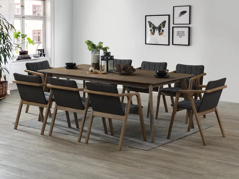 Elm 9PCE Hardwood Dining Set | Rustic Walnut | Black Fabric