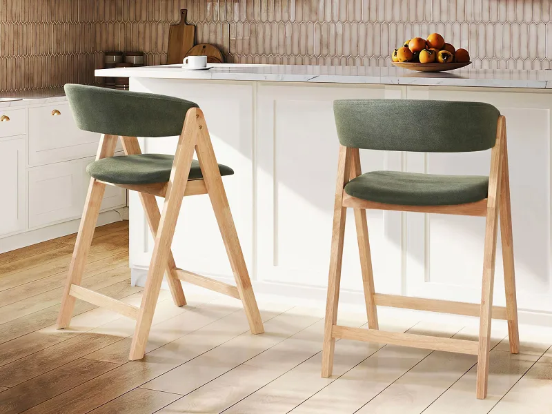 Gaudi Hardwood Counter Bar Stool | Natural | Green Fabric