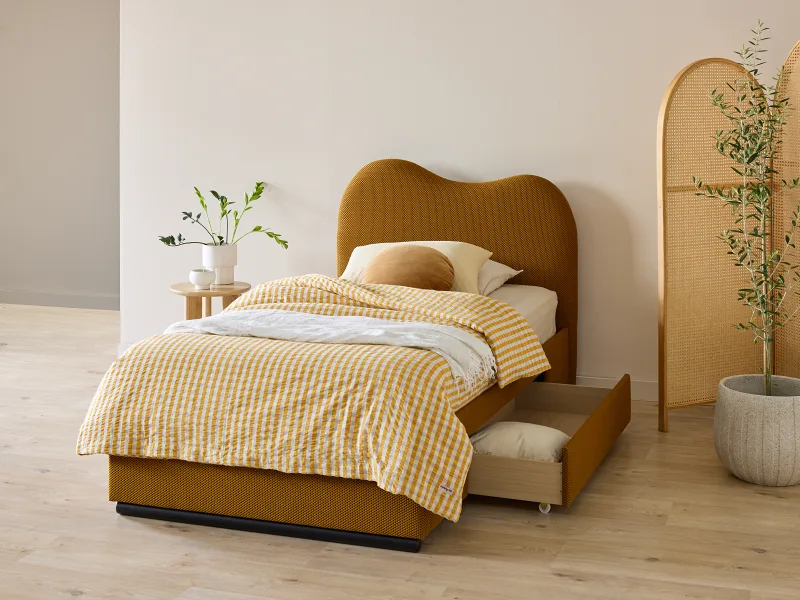 Amber King Single Storage Bed | Mustard Waffle Fabric