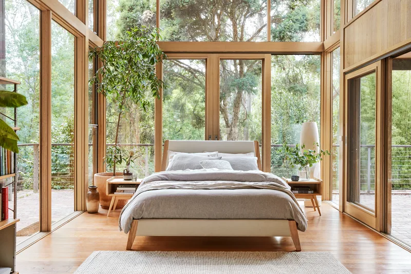 Finn Queen Size Bed Frame | Natural Hardwood & Beige Fabric