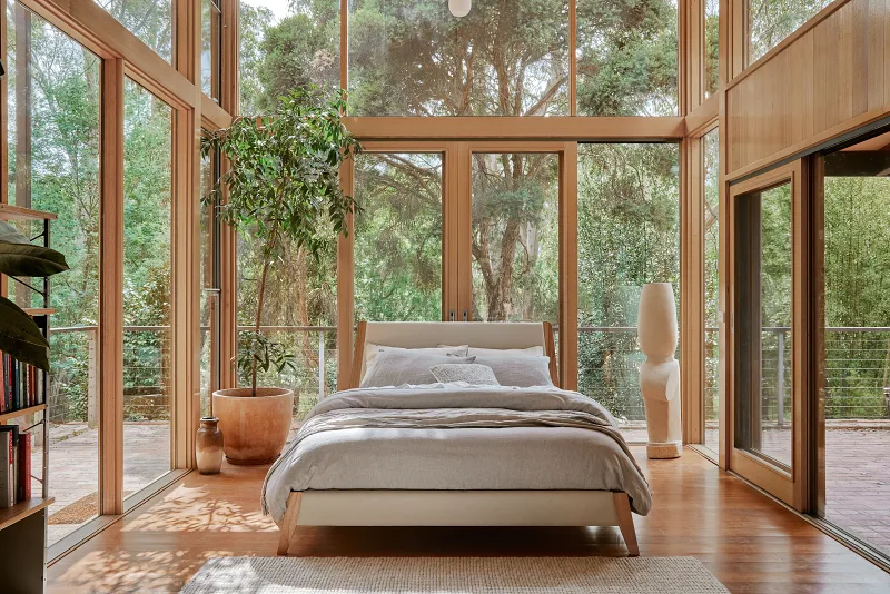 Finn Queen Size Bed Frame | Natural Hardwood & Beige Fabric
