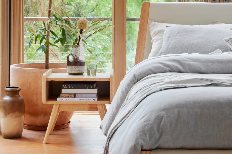 Finn Queen Size Bed Frame | Natural Hardwood & Beige Fabric