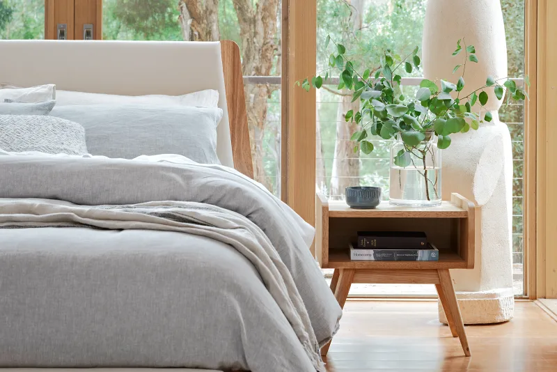 Finn Queen Size Bed Frame | Natural Hardwood & Beige Fabric