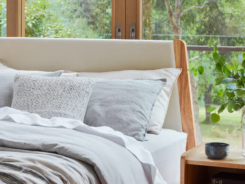 Finn Queen Size Bed Frame | Natural Hardwood & Beige Fabric