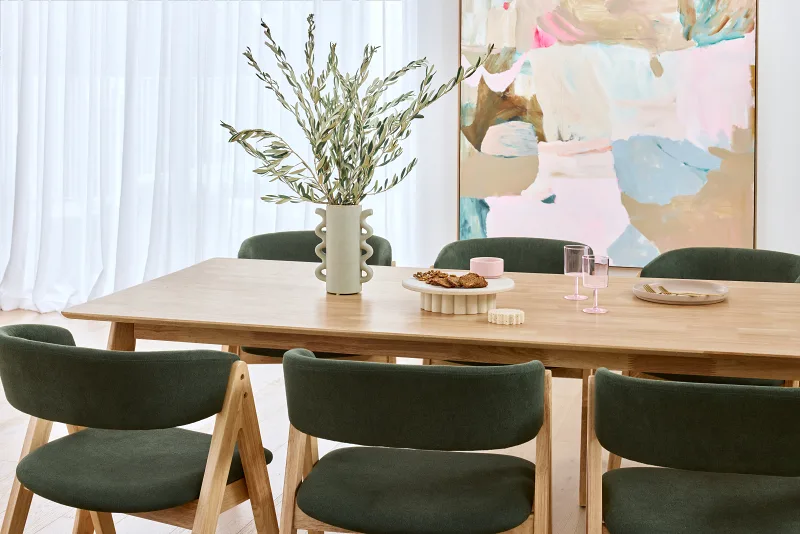 Gaudi 7PCE Natural Hardwood Dining Set | Green Fabric