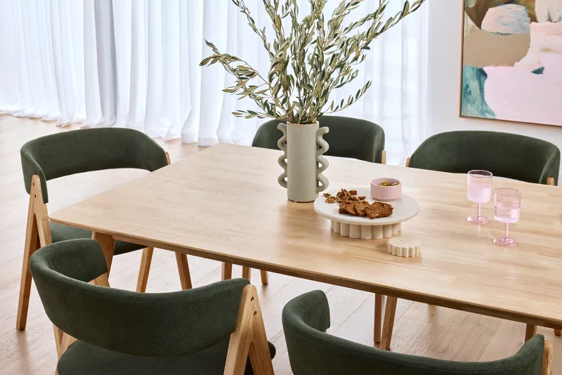 Gaudi 7PCE Natural Hardwood Dining Set | Green Fabric