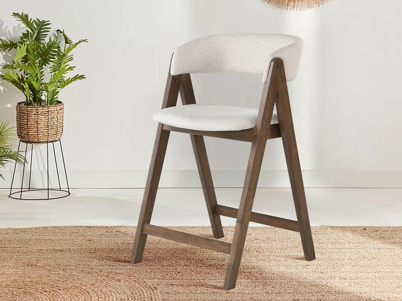 Gaudi Hardwood Counter Bar Stool | Rustic Walnut | Beige Fabric