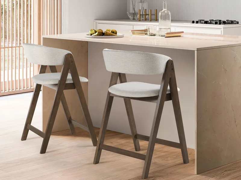 Gaudi Hardwood Counter Bar Stool | Rustic Walnut | Beige Fabric