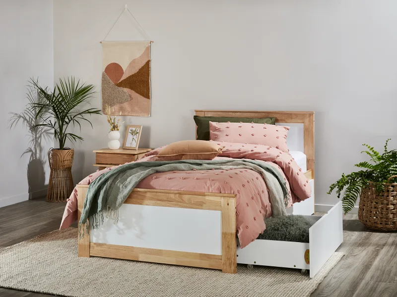 Coco King Single Bed with Storage | Natural Hardwood Frame
