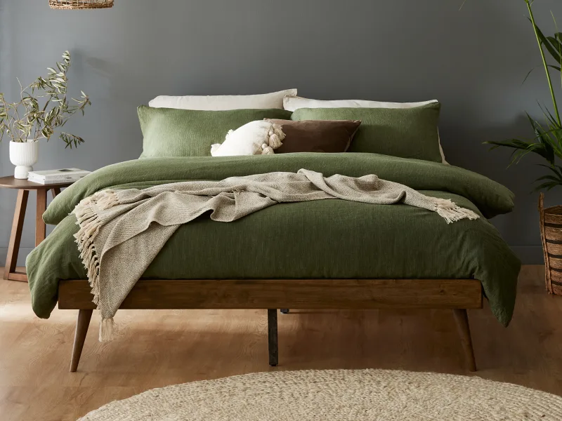 Franki 2PCE Double Headboard and Bed Base Bundle | Rustic Walnut & Beige Fabric