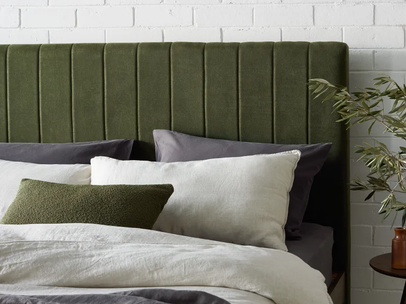 Franki 2PCE Queen Headboard and Bed Base Bundle | Rustic Walnut & Green Fabric