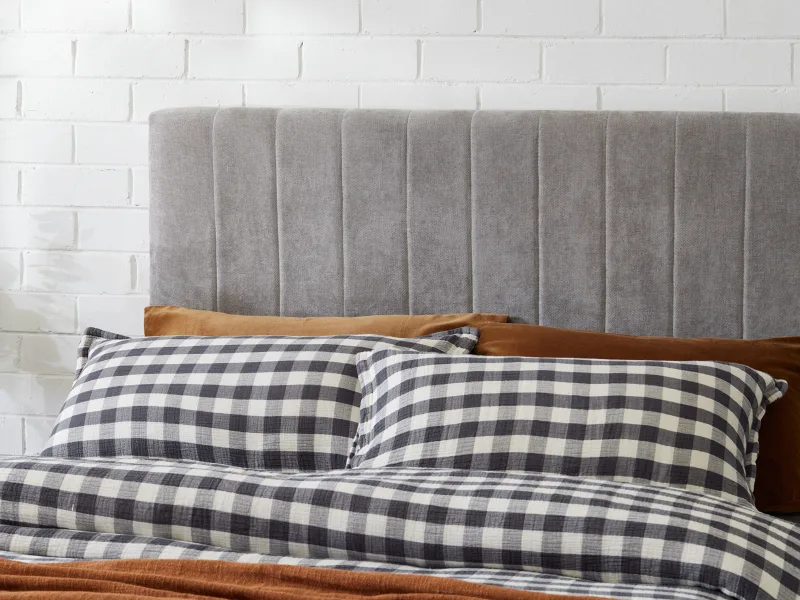 Franki 2PCE Queen Headboard and Bed Base Bundle | Rustic Walnut & Grey Fabric