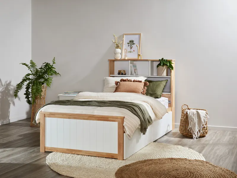 Myer King Single Bed with Storage | Natural Hardwood Frame