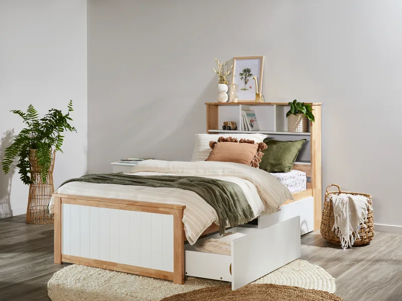 Myer King Single Bed with Storage | Natural Hardwood Frame