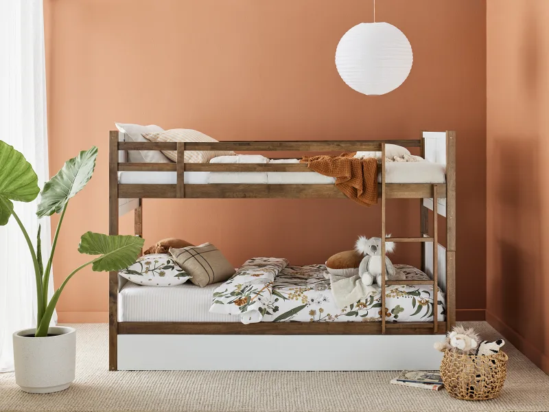 Myer King Single Bunk Bed with Trundle | Rustic Walnut Hardwood Frame