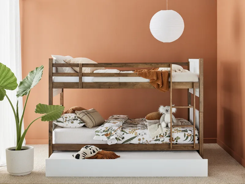 Myer King Single Bunk Bed with Trundle | Rustic Walnut Hardwood Frame