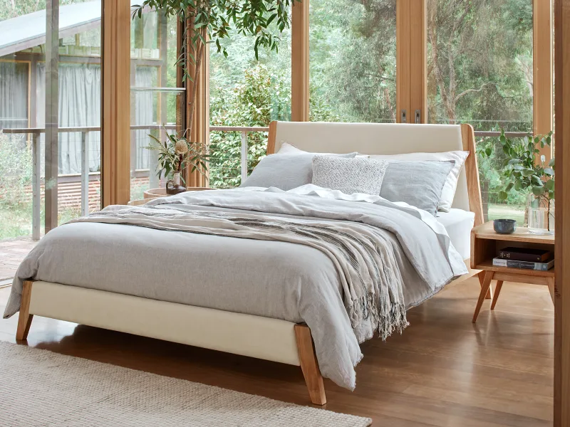 Finn 3PCE Queen Bedroom Suite | Natural Hardwood & Beige Fabric