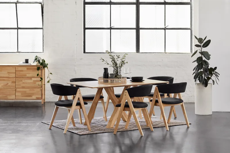 Gaudi 7PCE Natural Hardwood Dining Set | Black Fabric
