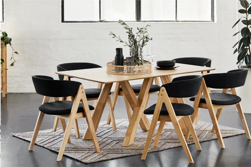 Gaudi 7PCE Natural Hardwood Dining Set | Black Fabric