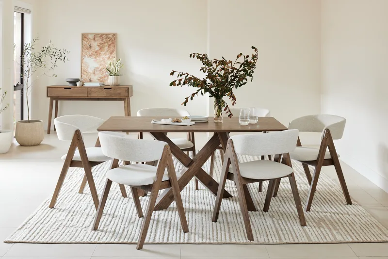 Gaudi 7PCE Hardwood Dining Set | Rustic Walnut | Beige Fabric