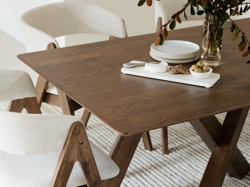 Gaudi 7PCE Hardwood Dining Set | Rustic Walnut | Beige Fabric