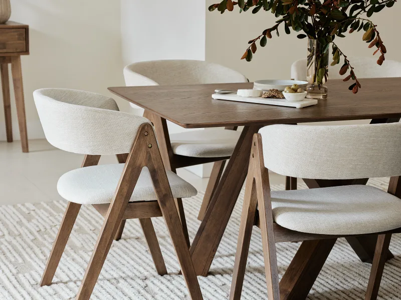 Gaudi 7PCE Hardwood Dining Set | Rustic Walnut | Beige Fabric