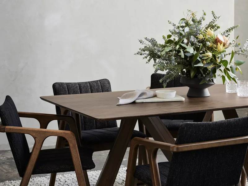 Cruz 7PCE Hardwood Dining Set | Rustic Walnut | Black Fabric
