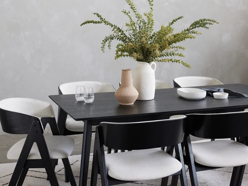 Gaudo 9PCE Hardwood Dining Set | Black | Beige Fabric