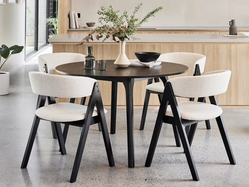 Oslo 5PCE Hardwood Round Dining Set | Black | Beige Fabric