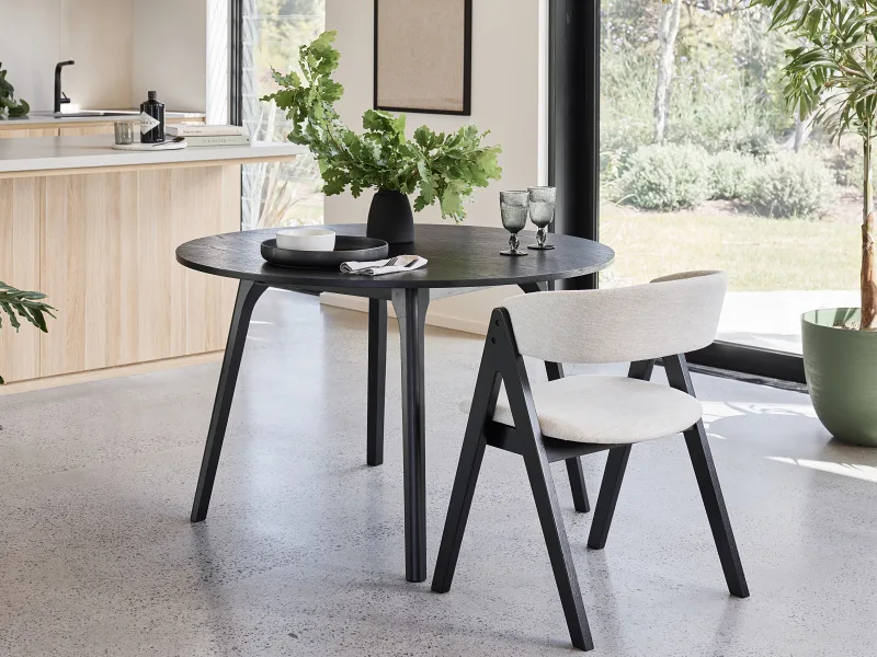 Oslo 5PCE Hardwood Round Dining Set | Black | Beige Fabric