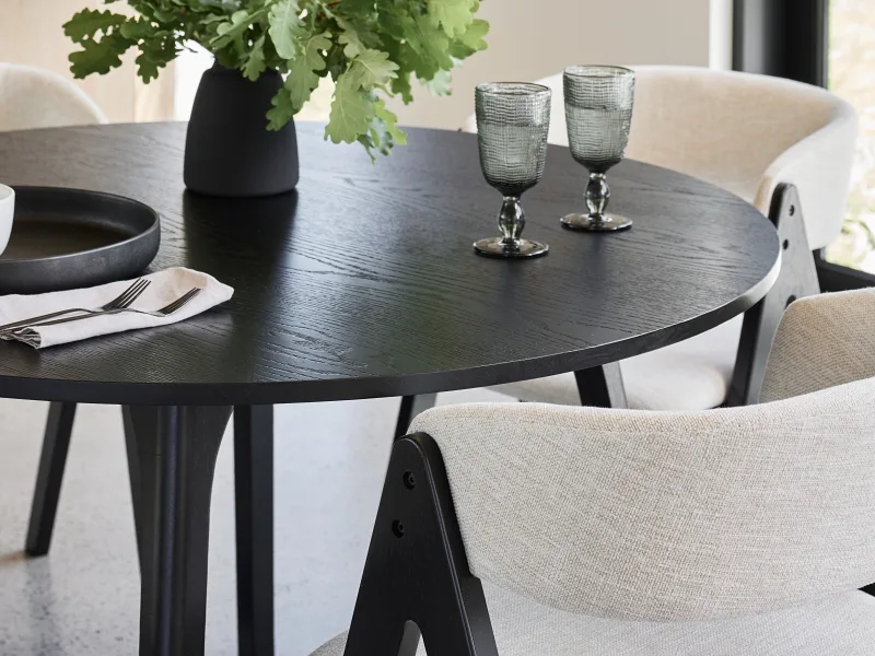 Oslo 5PCE Hardwood Round Dining Set | Black | Beige Fabric