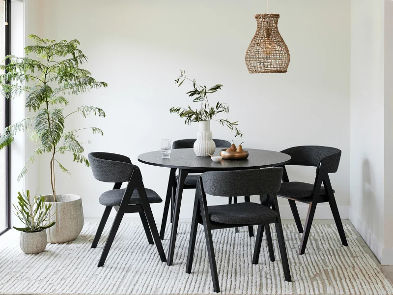 Oslo 5PCE Hardwood Round Dining Set | Black | Charcoal Fabric