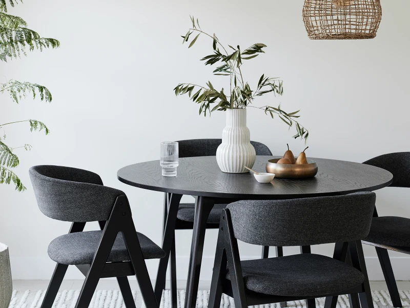 Oslo 5PCE Hardwood Round Dining Set | Black | Charcoal Fabric